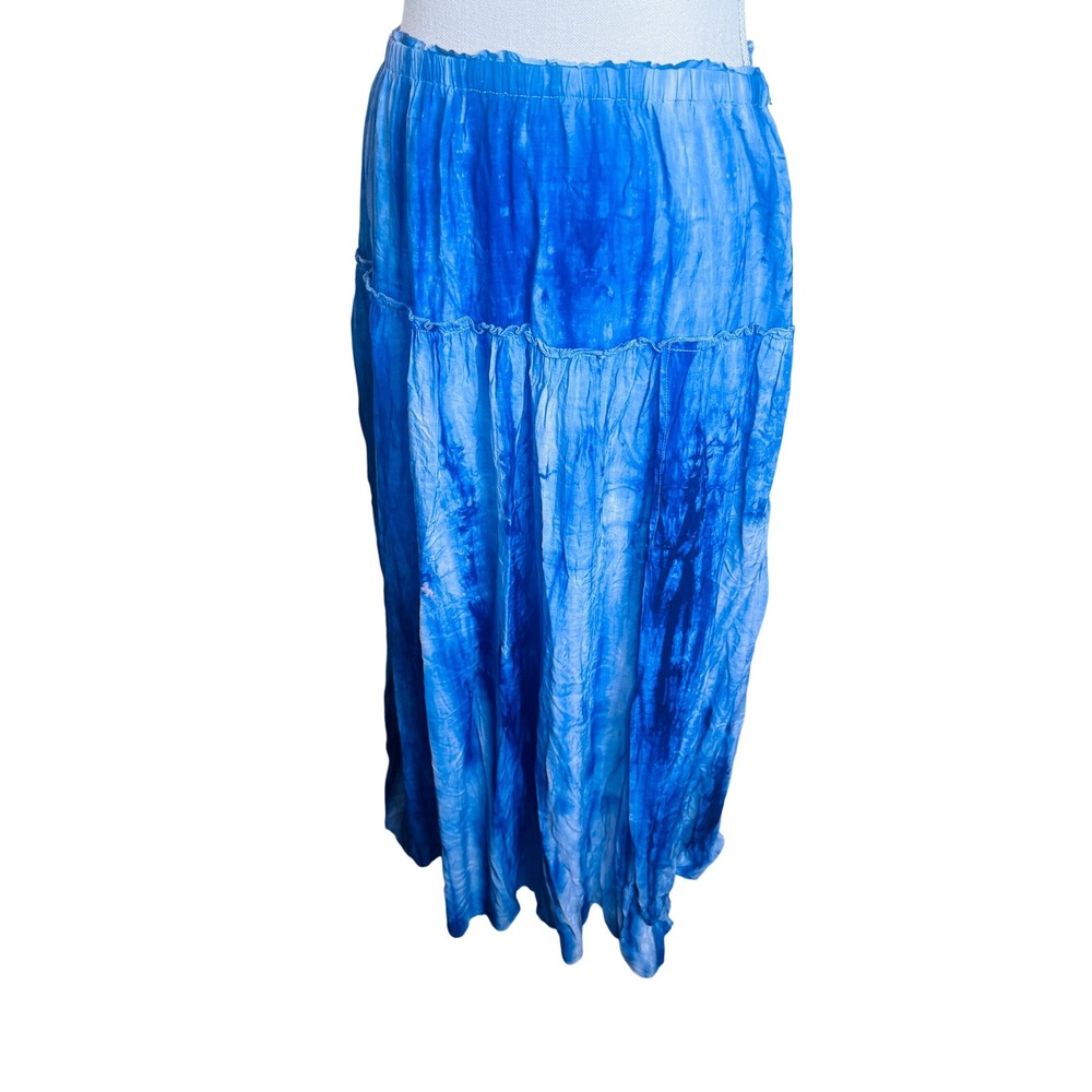 Honey Belle Blue Tie Dye Maxi Skirt Large Boho Tiered Ruffle Peasant